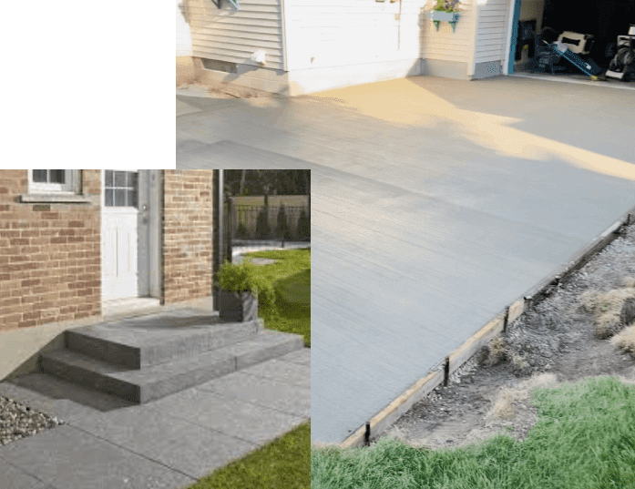 A split photo of the front yard and sidewalk.